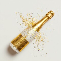 Gold, white champagne bottle laying diagonally with gold glitter on white backdrop