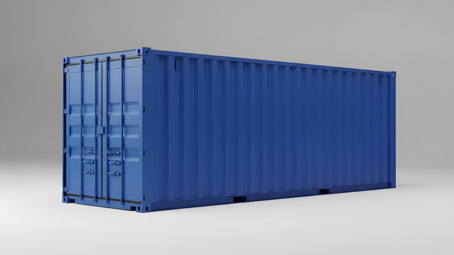 Large blue shipping container, side view. Global logistics, cargo, and freight transportation concept.