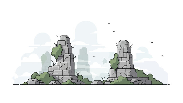 Minimalist vector illustration of ancient stone ruins, partially overgrown, set against a hazy, cloud-filled backdrop