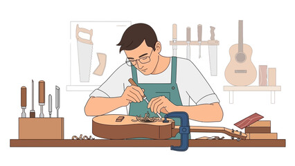 Cartoon craftsman carving guitar body, tools around on a workbench in a studio or workshop