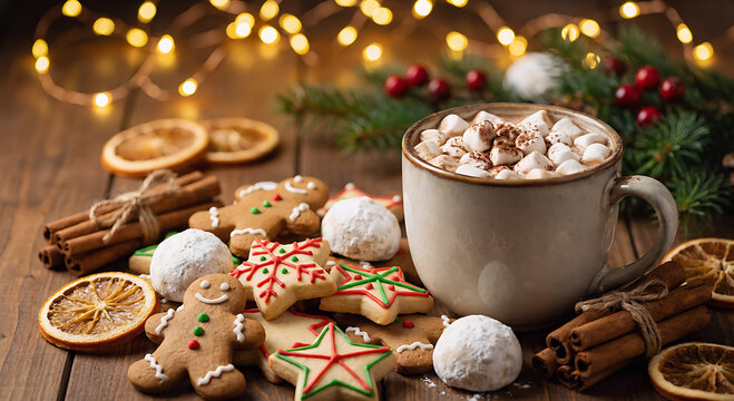 Hot chocolate with marshmallows and Christmas cookies on wooden table - Powered by Adobe