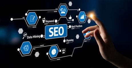 A hand engages with a digital interface showcasing various icons related to SEO strategy and analytics, illustrating modern marketing and business planning concepts. Tessel