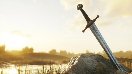 excalibur. Sword embedded in stone at dawn with morning dew on the blade. event programs, museum guides, designed for cultural heritage projects and event programs, elevates cultural identity.