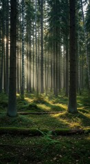 Fototapeta premium Tall coniferous trees pierce through morning sunlight filtering into a dense woodland undergrowth