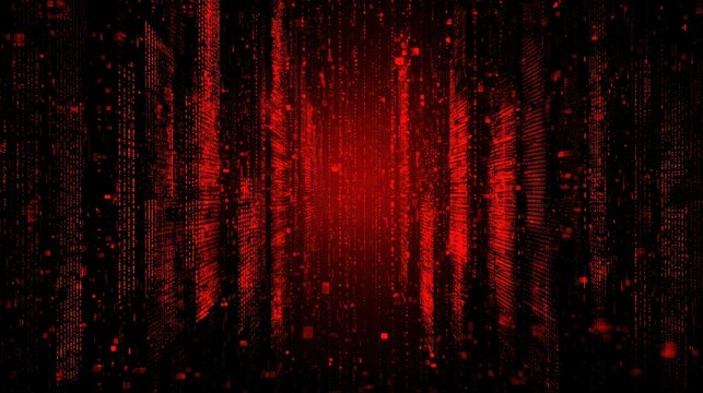 Vertical falling red binary code matrix on a dark background.