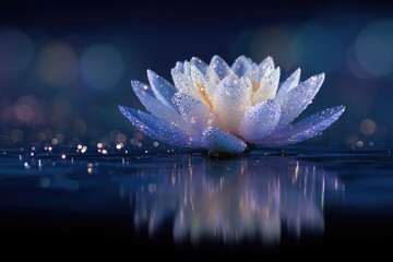 Luminescent lotus blossom reflects in dark water with bokeh lights behind