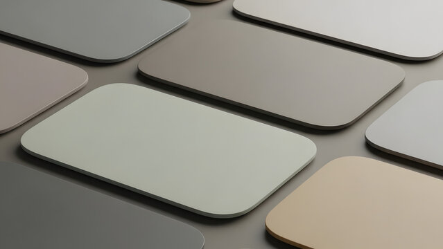 Collection of blank rectangular coasters or placemats in muted earthy tones. Tableware and branding mock-up.
