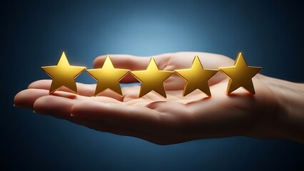 Five golden stars on a hand representing excellent customer feedback.