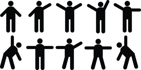 Ten black stick figures demonstrating different basic exercises and stretching positions against a white background
