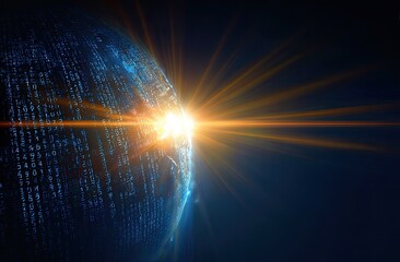 Global data sphere with binary code overlay and bright sunrise effect