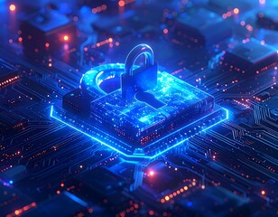 Futuristic circuit board with a glowing lock icon, signifying security