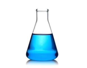 Erlenmeyer flask filled with bright blue liquid on a white background, studio lit