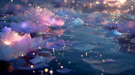 A body of water with a lot of flowers floating on it