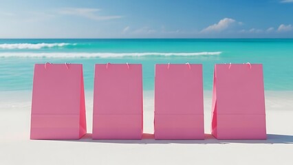 Four Pink Blank Signs on a Tropical Beach with Turquoise Water.
