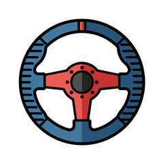 Fototapeta premium Stylized racing steering wheel illustration with blue grip, red spokes, and a central black hub.