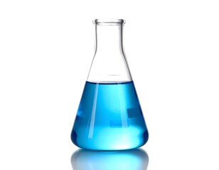 Erlenmeyer flask with vibrant blue liquid, sitting on reflective surface, bright white