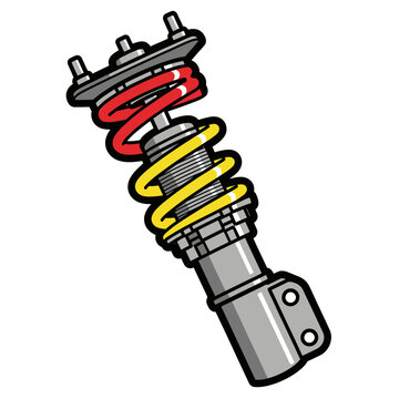 Detailed illustration of a car suspension coilover shock absorber with red and yellow springs.
