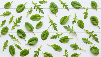 Fresh Green Spinach and Arugula Leaves Pattern on White Wood.