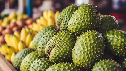Fresh Soursop Fruits and Bananas at a Tropical Market Stall.