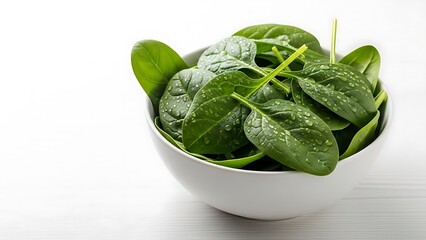 Fresh Spinach Leaves in a White Bowl on White Background.