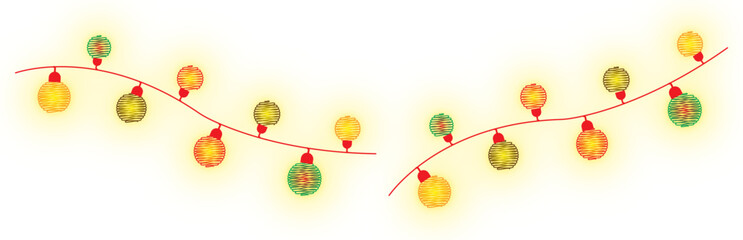 Festive glowing red, green, and yellow string lights vector illustration for joyous holidays, lively parties, and exciting celebrations, isolated on transparent background.
