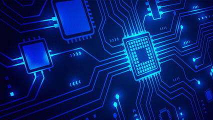 Abstract blue circuit board background with glowing digital lines and central microchip