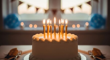 Birthday cake with nine lit golden candles and party decorations