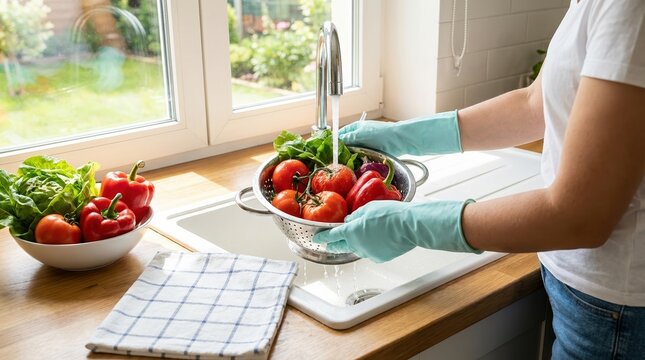 A person wearing gloves washes fresh vegetables in a kitchen sink, surrounded by a bowl of red peppers and leafy greens. - Powered by Adobe