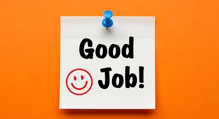 Good job message with smiley face pinned on bright orange background for recognition and positive feedback