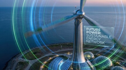 A modern wind turbine stands prominently near the coast, symbolizing sustainable energy and innovation in renewable resources.