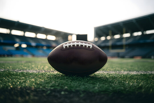 Close-up of a black American football on vibrant artificial turf, with a blurred stadium backdrop and dramatic lighting, showcasing sharp details and textures. - Powered by Adobe
