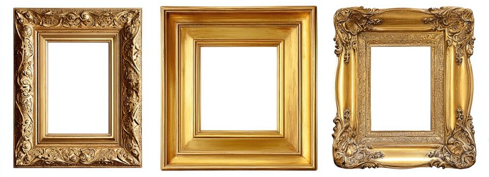 Three ornate gilded picture frames with white centers, isolated on white