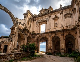 Eroded ornate building facade with arches under a cloudy sky displays history and decay