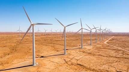 A vast landscape featuring numerous wind turbines set against a clear blue sky, highlighting renewable energy in an arid environment.