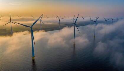 Aerial view of offshore wind turbines surrounded by misty waters during sunset, showcasing renewable energy in action.