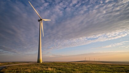A wind turbine stands tall against a backdrop of clouds, symbolizing renewable energy and sustainability in a serene landscape.