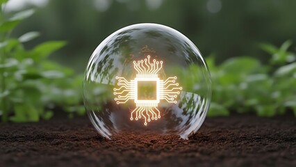 Glowing Microchip in a Bubble on Soil - Technology and Nature.