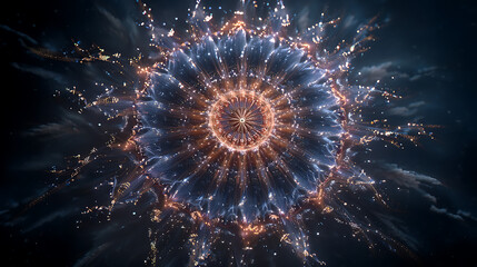 composition of a central, complex firework star, exploding into concentric rings of vibrant color, with perfectly mirrored willow and palm-type fireworks cascading down the sides of the frame. 