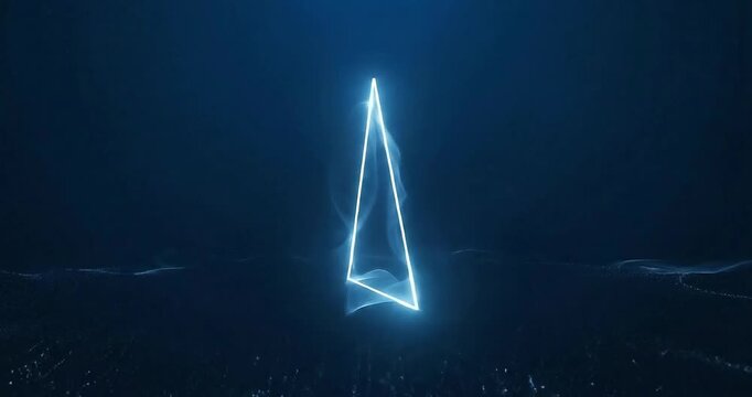 Futuristic glowing triangular shape surrounded by ethereal blue light in a dark setting