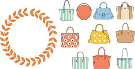 Floral wreath frame and women handbag illustration set with trendy tote bags and fashion accessories