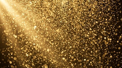 Golden Glittering Dust Particles with Bright Light Ray on Dark Background.