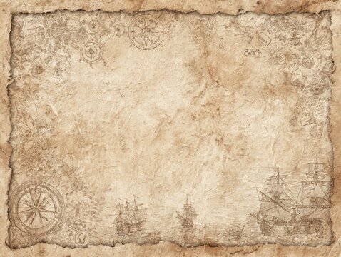 Old, faded parchment map with ships and nautical elements border