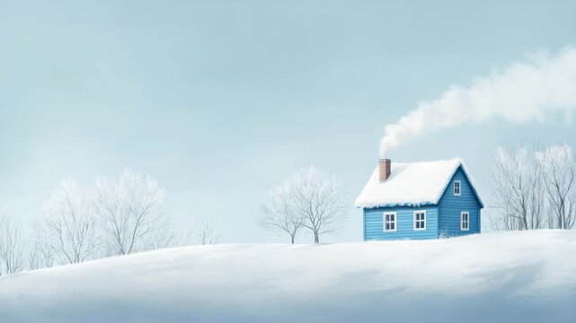 Cozy Blue Cabin in Peaceful Snowy Winter Landscape