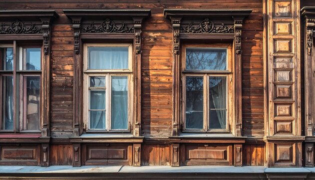Detailed Wooden Window Frames on a Historic Building Facade.
