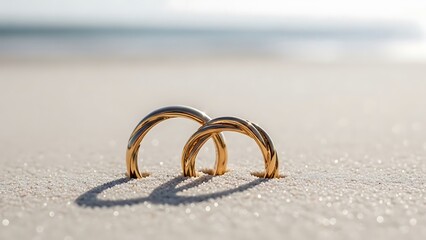 Golden wedding rings on a sandy beach, symbolizing love and commitment.