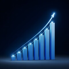 Blue bar graph with upward arrow indicating growth and success