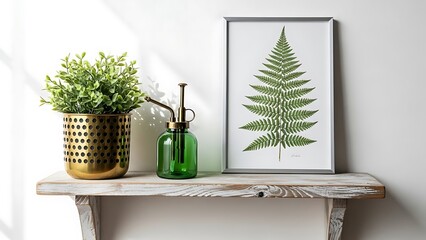 Green fern leaf artwork and potted plant on rustic shelf.