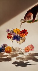 Naklejka premium Hand pouring drink into glasses adorned with colorful spring flowers