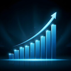 Blue glowing bar chart with rising arrow symbolizing financial growth, successful performance and futuristic business progress