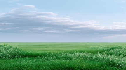 Obraz premium Lush Green Meadow Under Bright Blue Sky with Fluffy Clouds and Soft Grass Creating a Tranquil and Serene Outdoor Landscape Scene